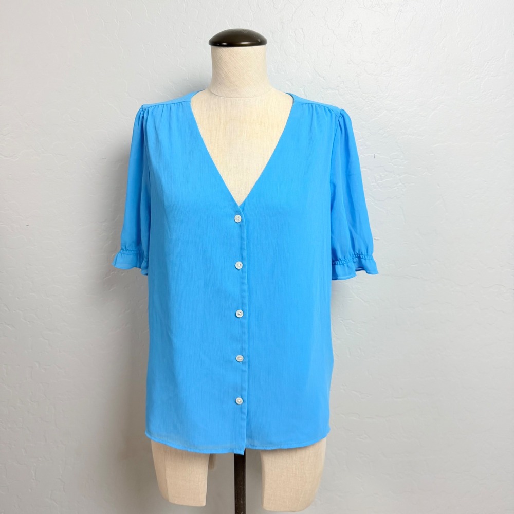 J.Crew Women Blue V-Neck Button Front Short Puff Sleeve Blouse Size S